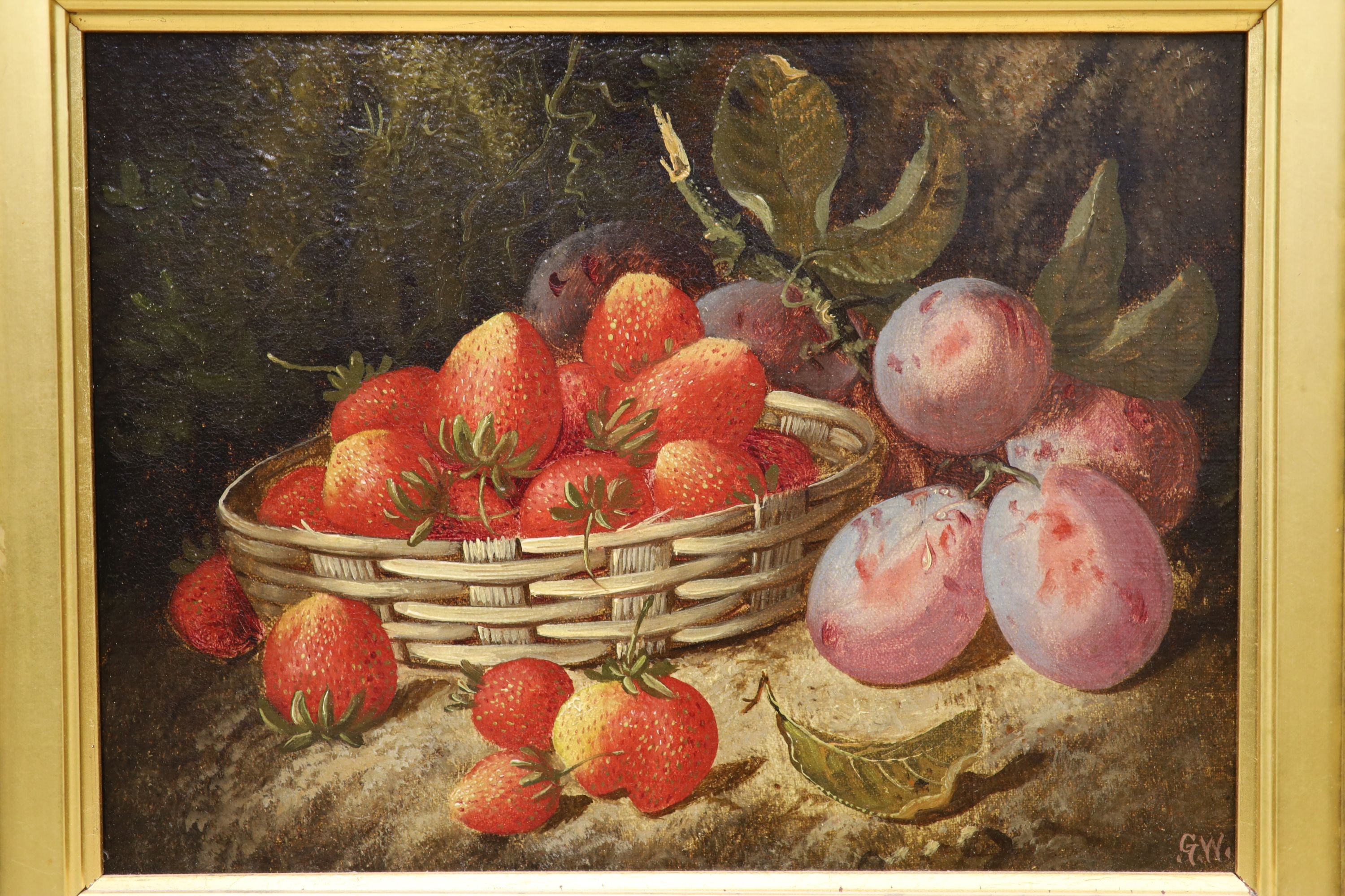 G.W - Late 19th century English school, pair of oils on canvas, Still life’s with a basket of strawberries and plums, initialled, 21 x 28cm.